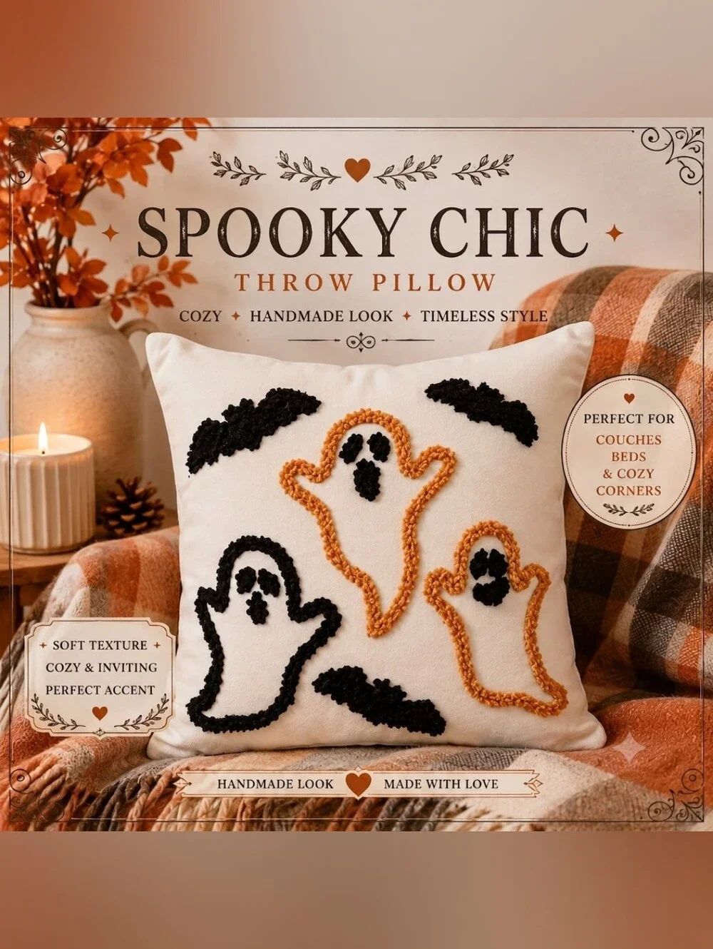 Halloween Throw Pillow - Cream with Black & Orange Ghosts With Insert